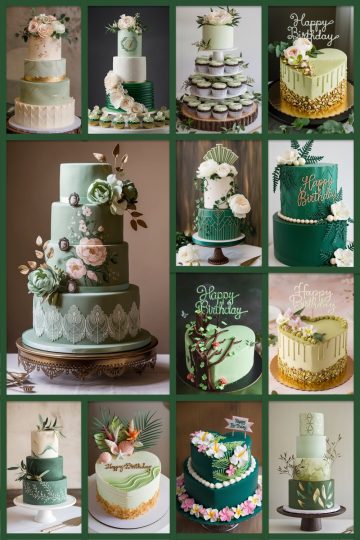 Collage of 12 beautifully designed green-themed birthday cakes, featuring a variety of styles including pistachio drip, art deco, and tropical-inspired cakes.