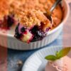 A spoonful of blueberry dump cake featuring a golden crumb topping and juicy blueberry filling, served from a white baking dish with a scoop of pink ice cream and a mint garnish on the side