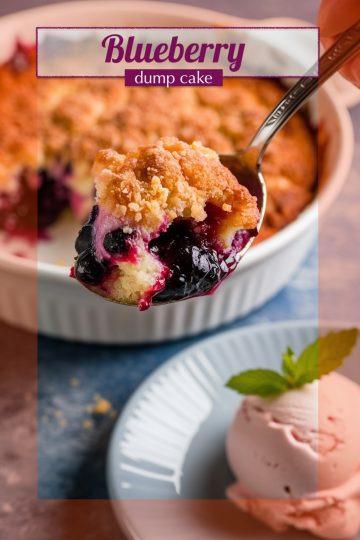A spoonful of blueberry dump cake featuring a golden crumb topping and juicy blueberry filling, served from a white baking dish with a scoop of pink ice cream and a mint garnish on the side