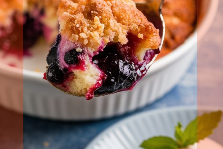 A spoonful of blueberry dump cake featuring a golden crumb topping and juicy blueberry filling, served from a white baking dish with a scoop of pink ice cream and a mint garnish on the side