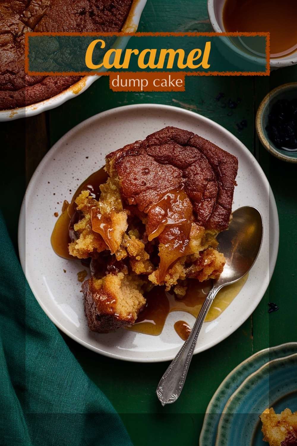 Delicious caramel dump cake with a crumbly top layer, warm golden filling, displayed in a white casserole dish ready to serve.