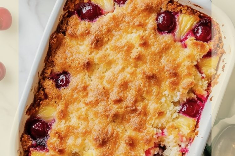Top-down view of a cherry pineapple dump cake with a golden-brown crust, vibrant cherries, and pineapple pieces baked in a white dish, surrounded by whipped cream and fresh cherries on the table.