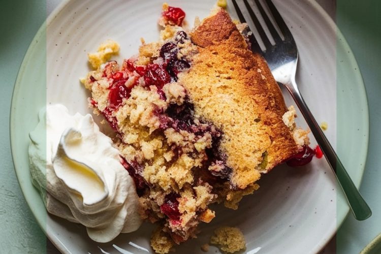 A slice of white chocolate cranberry dump cake served on a light plate with a dollop of whipped cream, showcasing a golden crust and a burst of vibrant cranberries