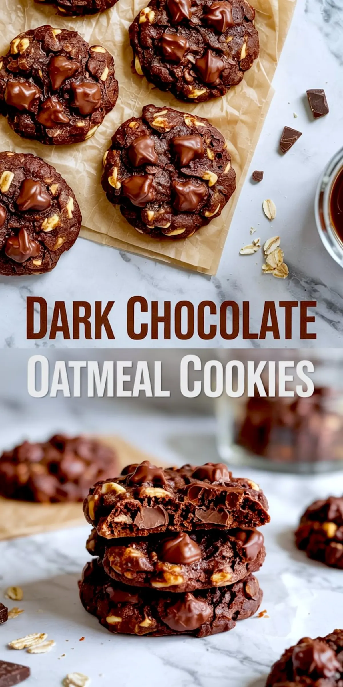 Collage image showcasing rich dark chocolate oatmeal cookies, featuring a top view of freshly baked cookies on parchment paper and a close-up bottom view of stacked cookies with gooey melted chocolate chunks and oats on a marble surface. The cookies have a deep cocoa color, visible oat flakes, and melted chocolate chips, highlighting their chewy texture and indulgent appeal.