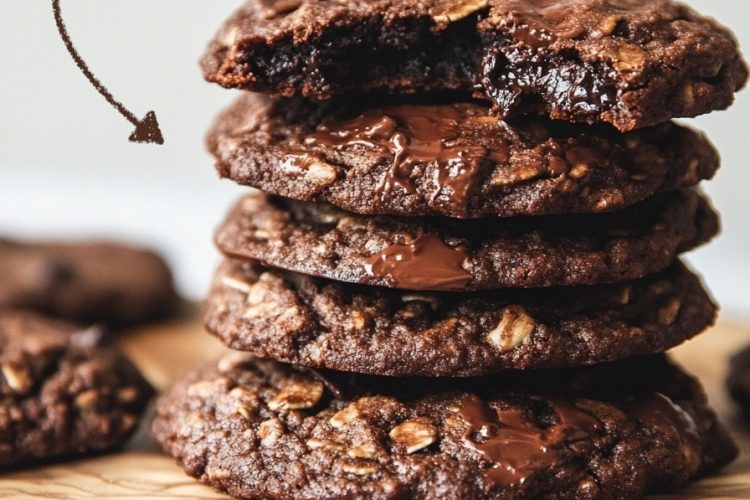 A stack of fudgy oatmeal cookies filled with melted chocolate, showcasing a bite revealing the soft, decadent center.