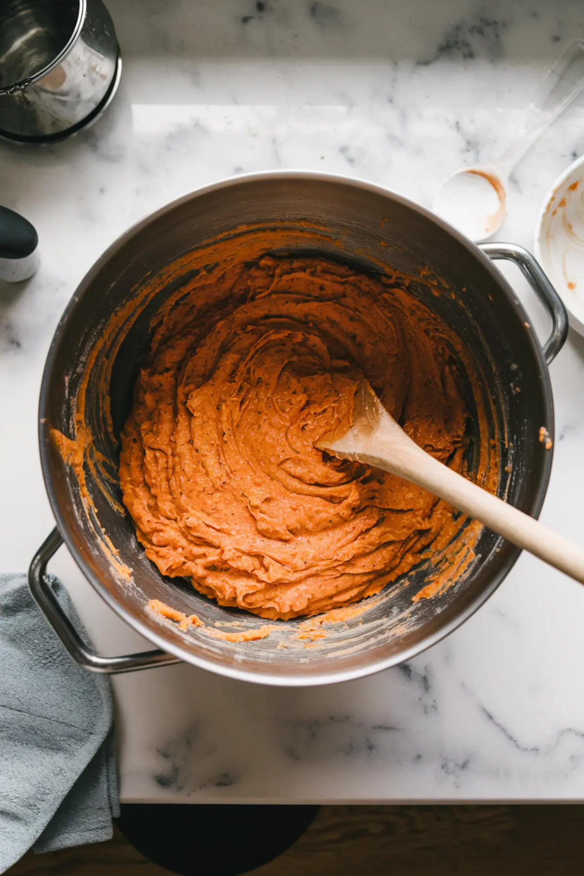 A metal mixing bowl filled with thick, orange-hued carrot cake batter, stirred with a wooden spoon. The smooth, spiced mixture sits on a marble countertop with baking tools in the background.