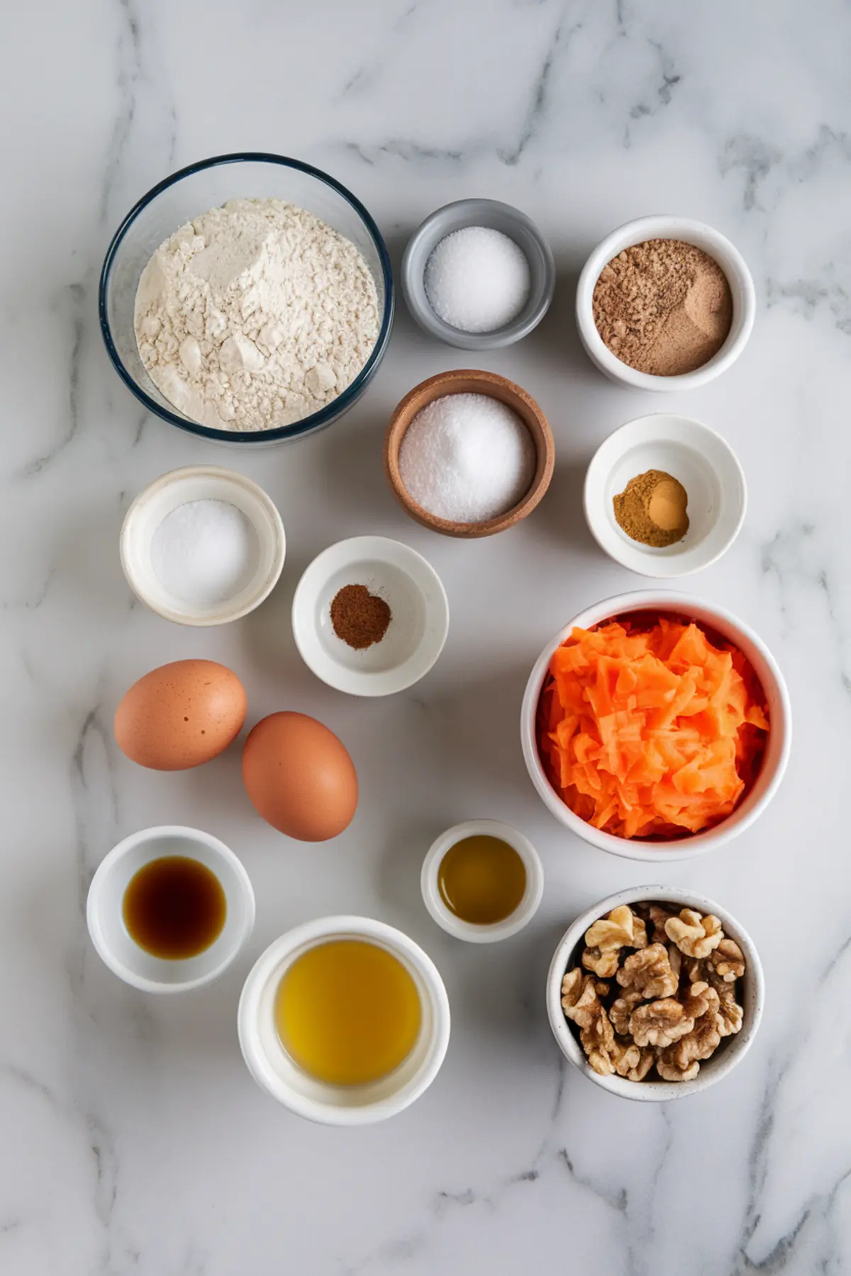 A flat lay of carrot cake ingredients arranged on a white marble surface, including flour, sugar, eggs, shredded carrots, walnuts, spices, vanilla extract, and oil, each placed in small bowls.