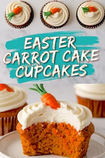 A collage of three Easter carrot cake cupcakes with piped cream cheese frosting and edible carrot decorations. The bottom half highlights a close-up of a bitten cupcake on a white plate, showing the spiced cake texture. A bold, teal and orange text overlay states “Easter Carrot Cake Cupcakes.”