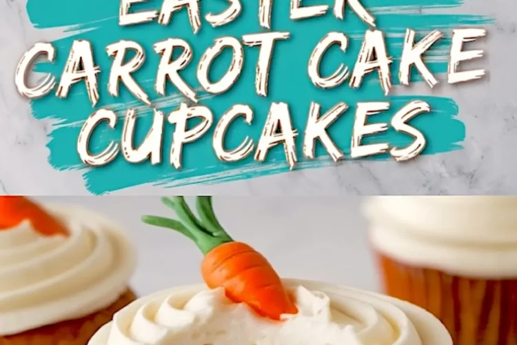 A collage of three Easter carrot cake cupcakes with piped cream cheese frosting and edible carrot decorations. The bottom half highlights a close-up of a bitten cupcake on a white plate, showing the spiced cake texture. A bold, teal and orange text overlay states “Easter Carrot Cake Cupcakes.”
