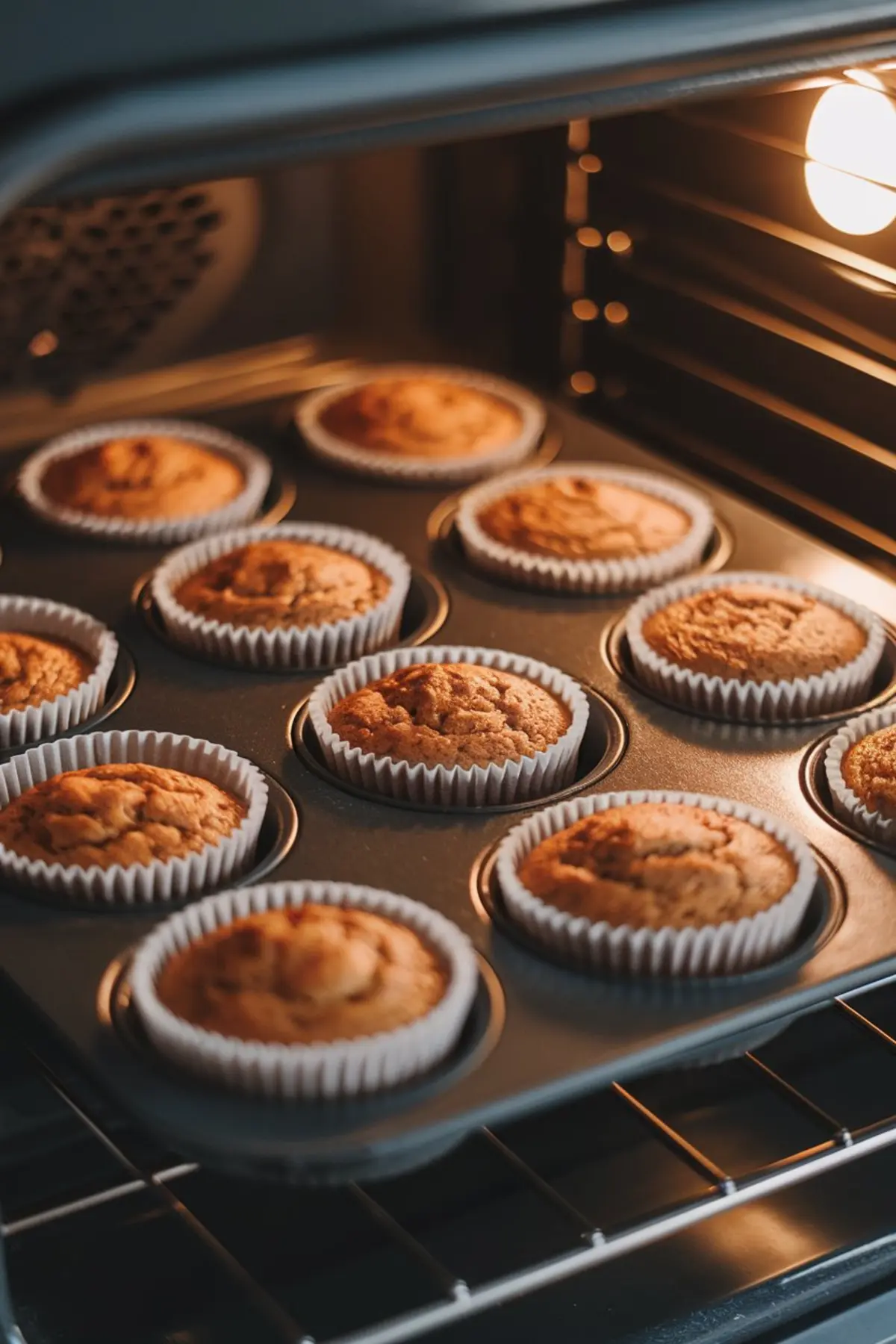 A tray of freshly baked carrot cake muffins inside an oven, golden brown and still in their white cupcake liners. The warm oven light highlights their soft, domed tops.