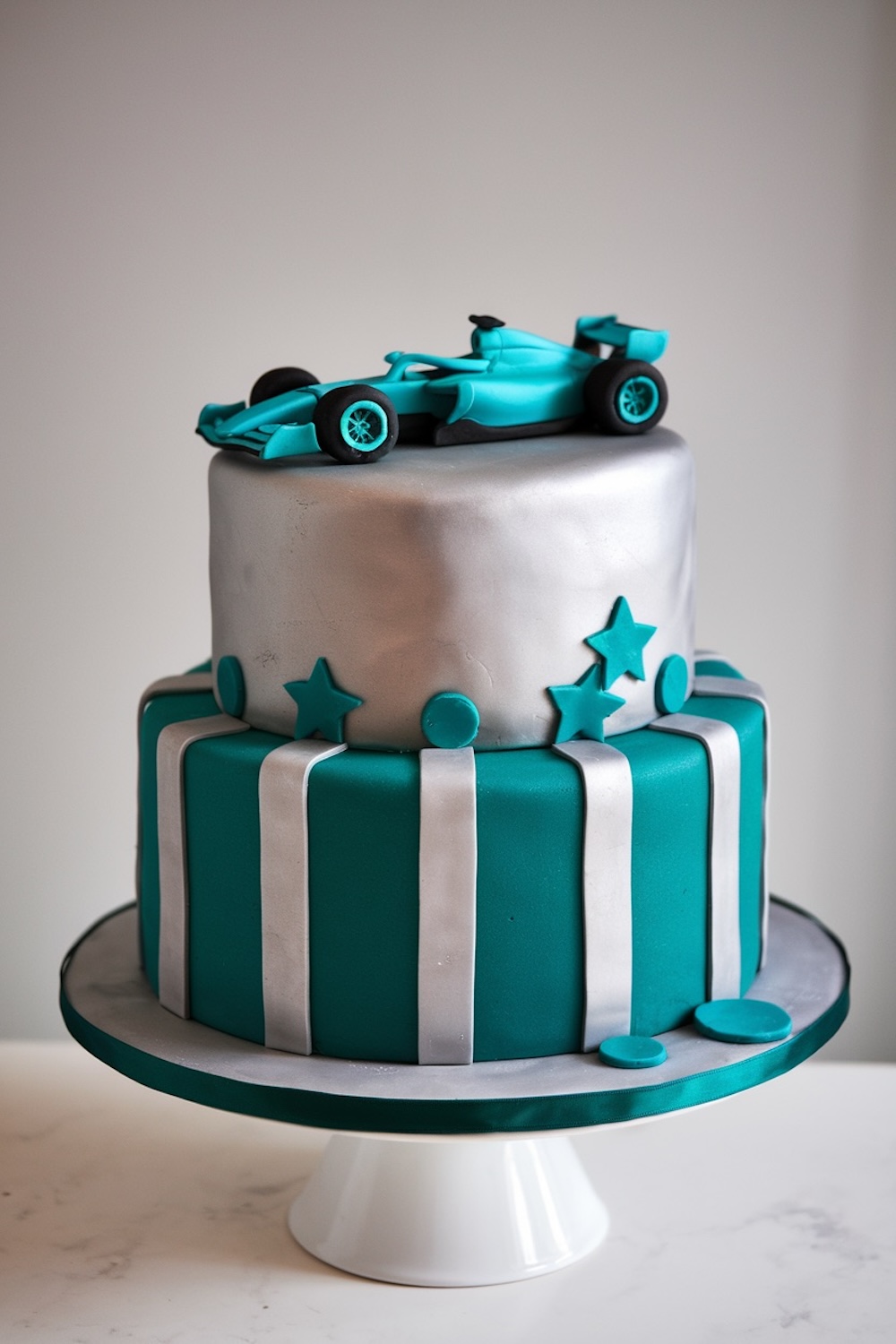 This Aston Martin-themed cake is a stunning two-tier creation in signature green and silver. The cake is topped with a realistic Aston Martin Formula 1 car, making it the perfect centerpiece for any F1 enthusiast's celebration.
