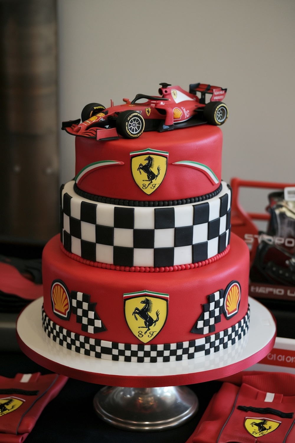 A dynamic Ferrari Formula 1 cake, showcasing the team’s iconic colors and logos on a two-tier design. The cake is topped with a model Ferrari F1 car, ideal for any fan’s birthday or special event.
