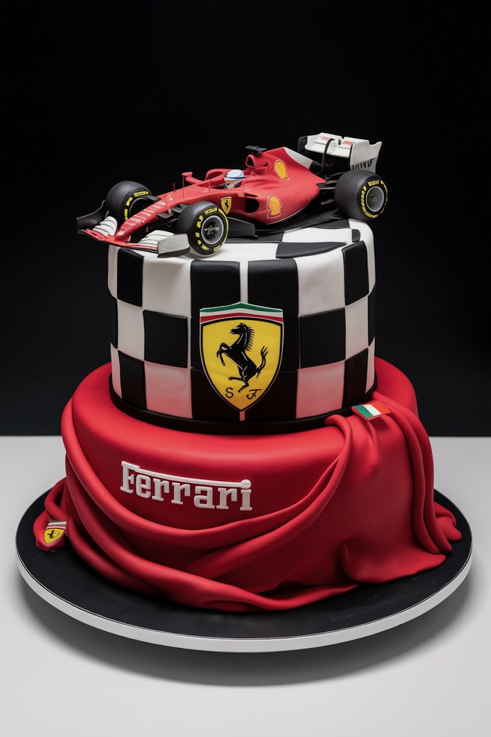 This Ferrari-themed cake features a bold red design with checkered accents on a two-tier creation. A detailed Ferrari Formula 1 car sits atop the cake, making it an eye-catching centerpiece for any racing enthusiast’s celebration.
