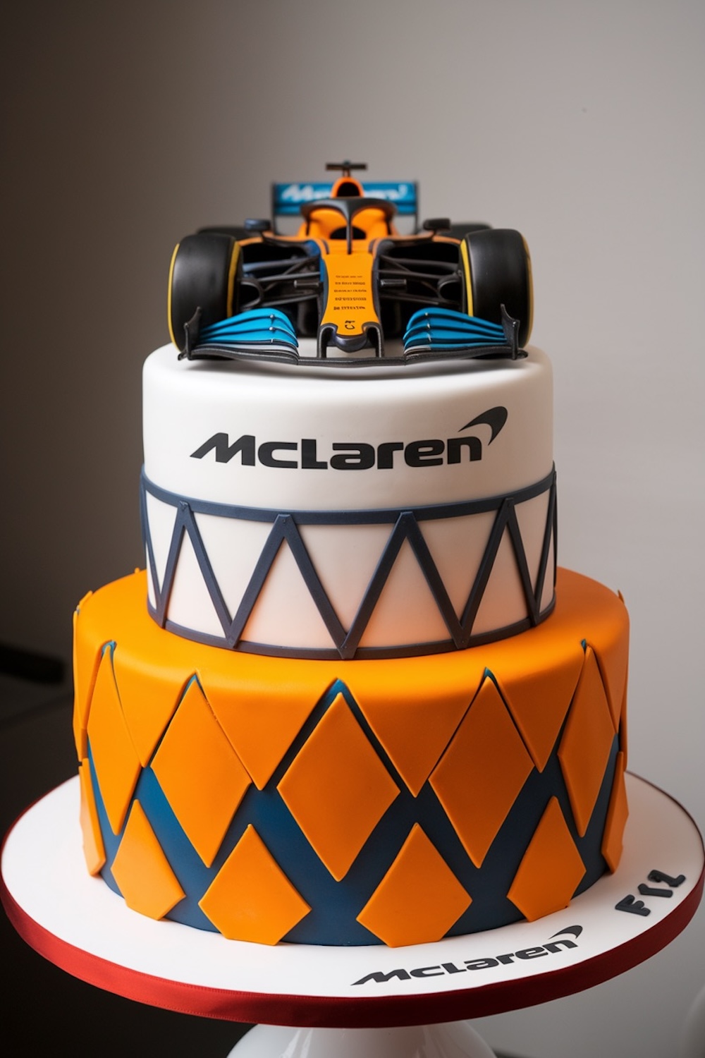 A vibrant McLaren Formula 1 cake with two tiers, featuring the team's iconic papaya orange and blue colors. The cake is topped with a detailed McLaren F1 car, making it an eye-catching centerpiece for any F1 fan's celebration.
