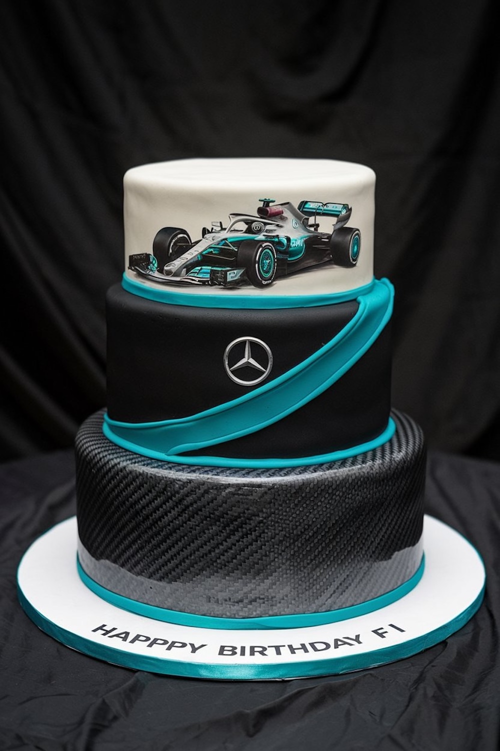 A sophisticated Mercedes Formula 1 cake with three tiers, featuring a sleek black and silver design. The top tier is adorned with a detailed Mercedes F1 car, making it the perfect choice for a high-end celebration.
