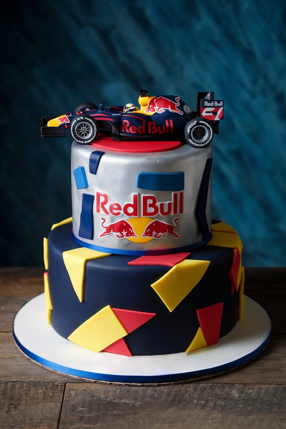 A dynamic Red Bull Formula 1 cake, showcasing the team's iconic colors on a two-tier cake. The cake is topped with a model Red Bull F1 car, making it the perfect centerpiece for a birthday or race day party.
