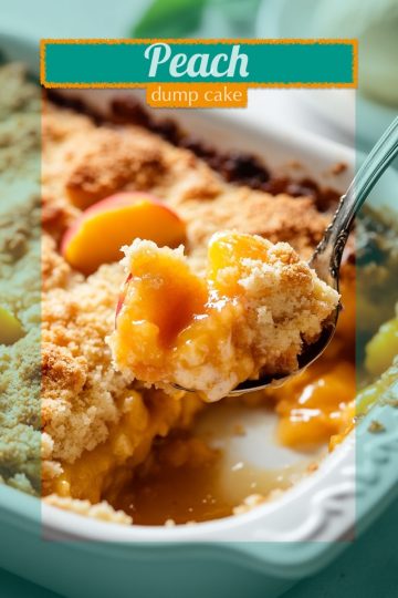 A close-up of a peach dump cake served in a baking dish, featuring a golden crumb topping and juicy peach filling, with a spoon lifting a portion.