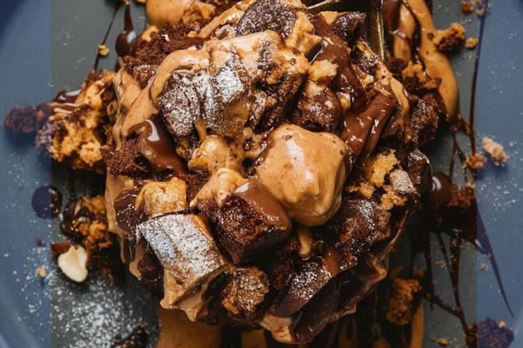 Rich peanut butter chocolate cake with a drizzle of chocolate sauce, served on a black plate with chunks of chocolate and peanut butter topping.