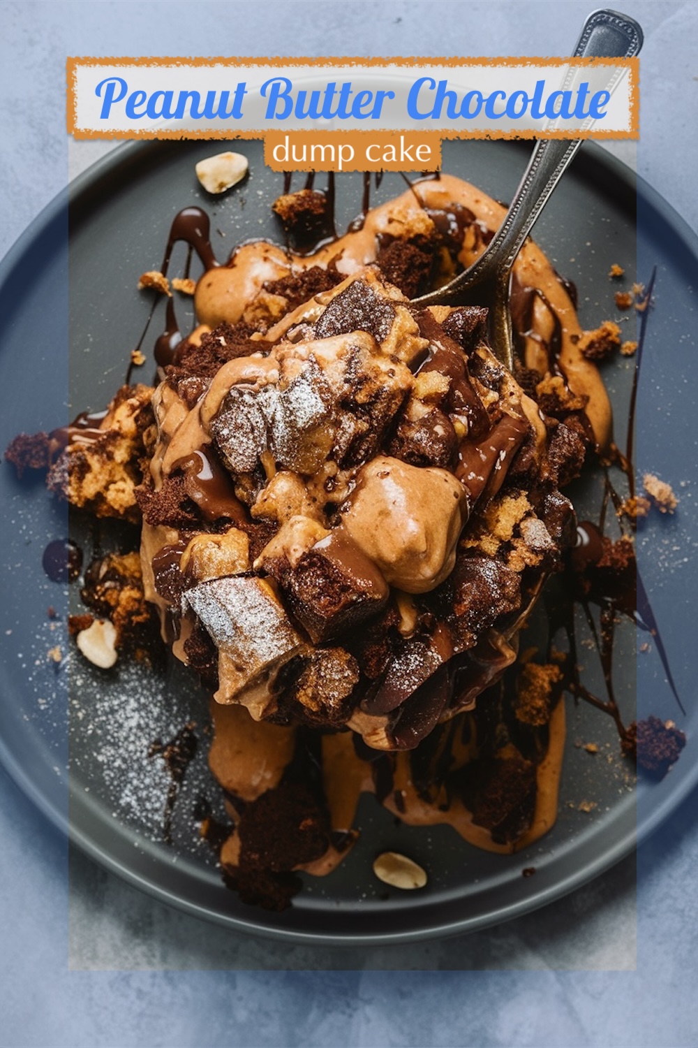 Rich peanut butter chocolate cake with a drizzle of chocolate sauce, served on a black plate with chunks of chocolate and peanut butter topping.