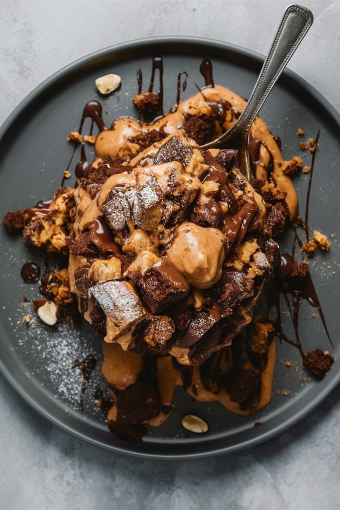 Rich peanut butter chocolate cake with a drizzle of chocolate sauce, served on a black plate with chunks of chocolate and peanut butter topping.
