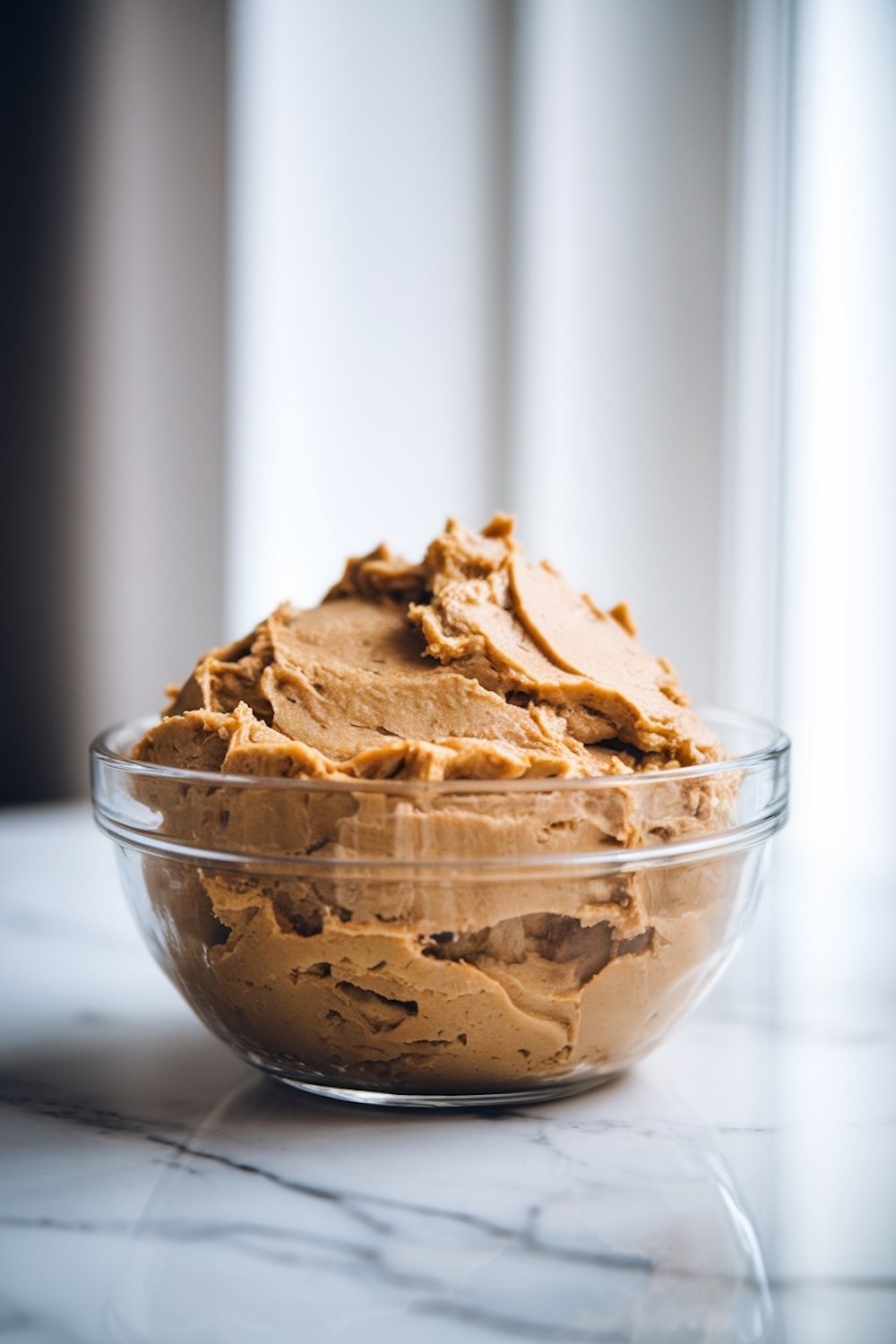 A glass bowl filled with smooth peanut butter cookie dough sits on a white marble countertop, bathed in soft natural light. The creamy, thick texture of the dough is ideal for peanut butter dessert recipes and baking prep visuals, inspiring homemade baking projects.