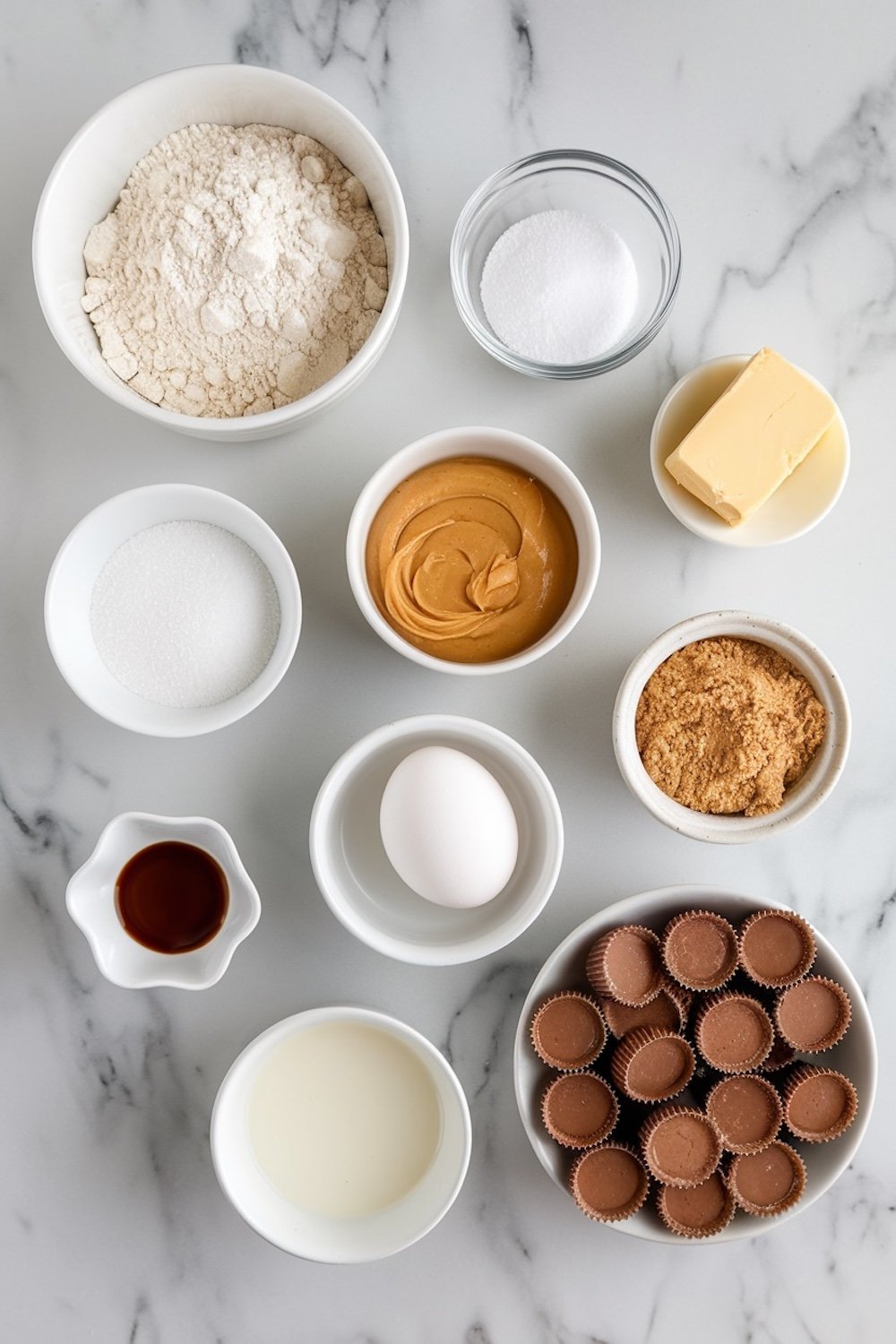 An overhead arrangement of baking ingredients for peanut butter cup cookies displayed on a marble countertop. The setup includes flour, granulated and brown sugars, creamy peanut butter, butter, an egg, vanilla extract, milk, and a bowl of mini peanut butter cups, all neatly placed in white bowls. This organized view is perfect for illustrating cookie recipe ingredients and baking essentials.