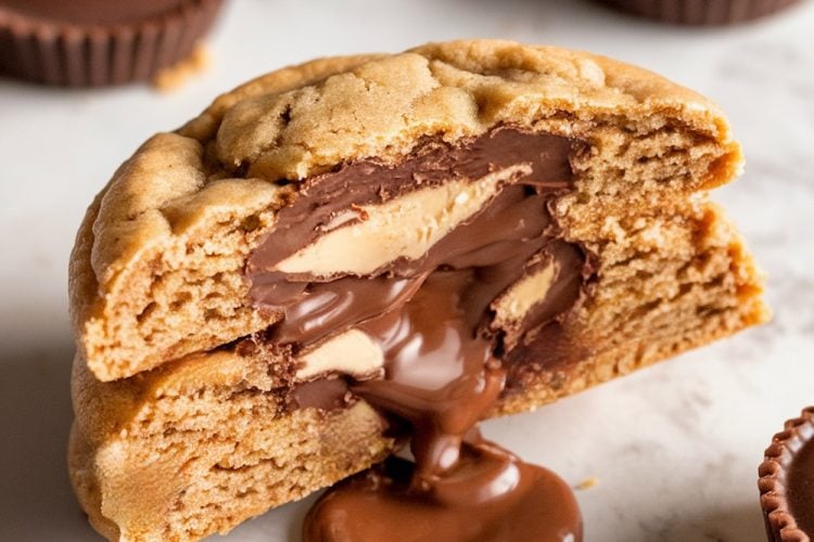 A close-up of a peanut butter chocolate chip cookie split in half, showcasing a gooey, melted chocolate and creamy peanut butter filling that oozes onto a marble countertop. Surrounded by whole peanut butter cups, this indulgent cookie is a treat for chocolate and peanut butter lovers, perfect for dessert inspiration and stuffed cookie recipes.