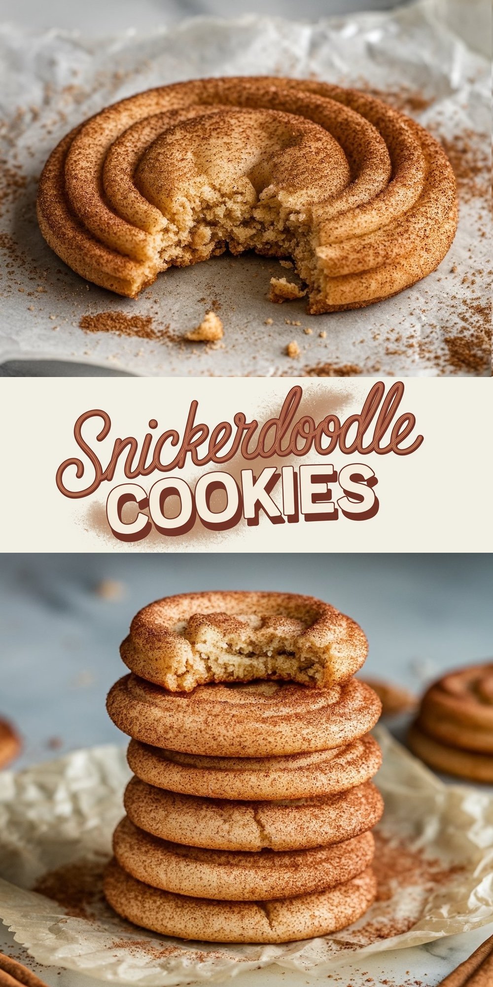 Close-up of a single snickerdoodle cookie with a swirl pattern on parchment paper, dusted with cinnamon sugar. The cookie has a soft, airy texture with a bite taken out, revealing its tender crumb. Perfect for holiday baking or cozy fall treats.