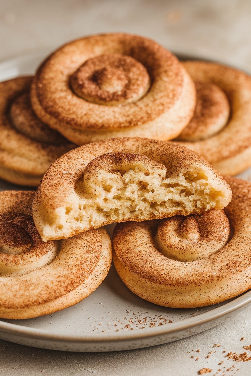 A plate of golden-brown snickerdoodle cookies with a distinctive spiral shape and a crackled, cinnamon-sugar coating. One cookie is broken open, showing a soft, chewy center, perfect for a sweet treat or holiday dessert.