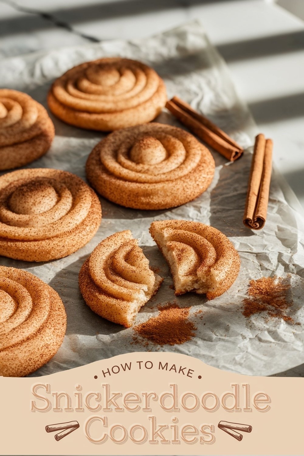 A paper of golden-brown snickerdoodle cookies with a distinctive spiral shape and a crackled, cinnamon-sugar coating. One cookie is broken open, showing a soft, chewy center, perfect for a sweet treat or holiday dessert.