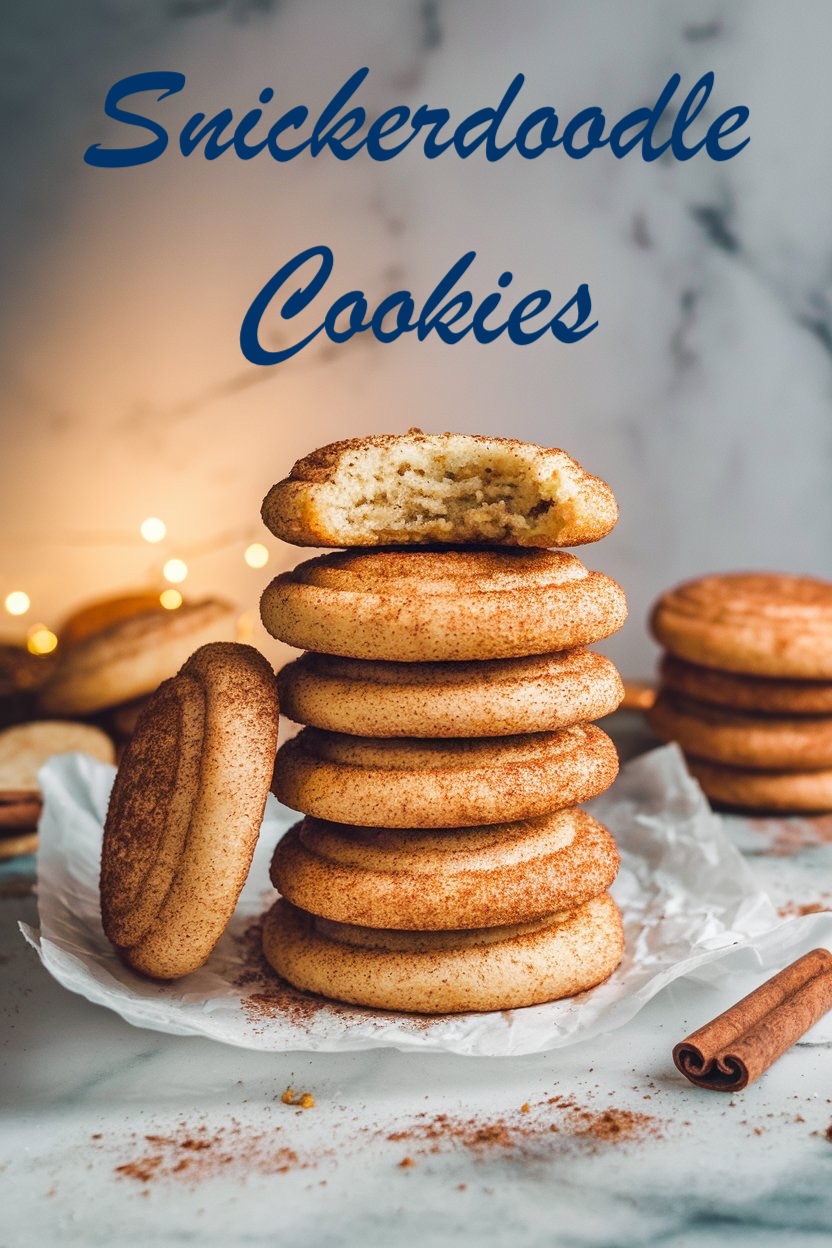 A tall stack of snickerdoodle cookies with a soft, chewy bite on top, sprinkled generously with cinnamon sugar. In the background, warm fairy lights add a cozy, festive feel, making this an inviting image for holiday baking inspiration.