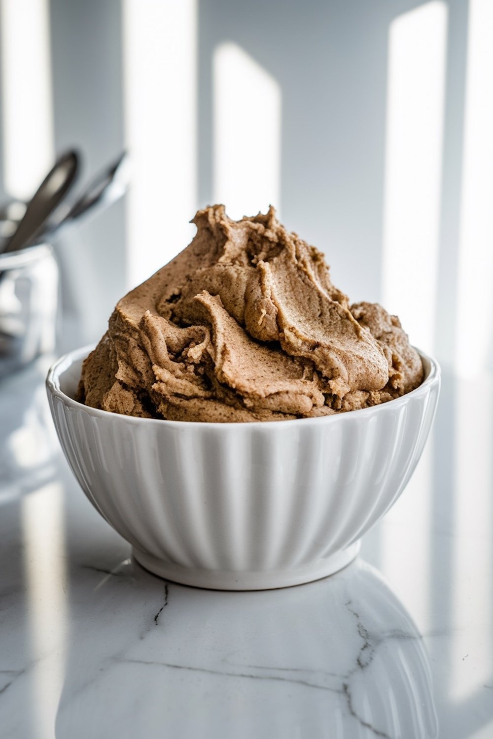 A bowl of freshly whipped snickerdoodle cookie dough with a fluffy, smooth consistency. The dough's light brown color with cinnamon flecks hints at the warm, spiced flavor profile that makes snickerdoodles a classic.