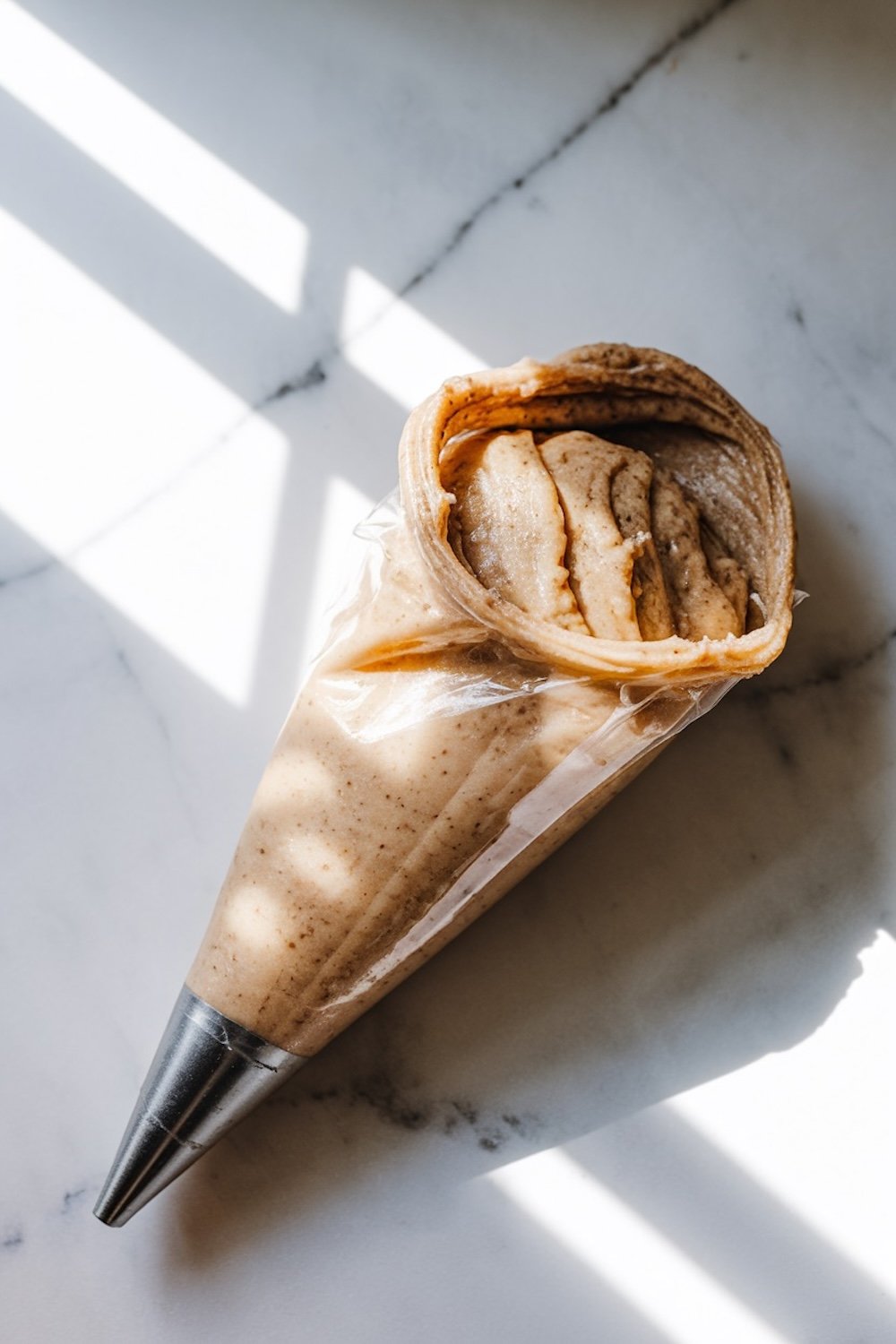A filled piping bag with snickerdoodle cookie dough, ready to be piped. The dough is rich and creamy with specks of cinnamon, ideal for creating soft, swirled cookies with a hint of spice.