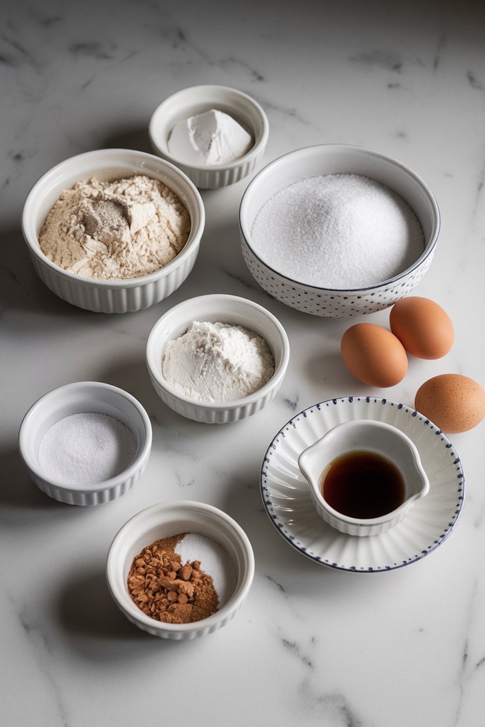 Overhead view of classic baking ingredients in small ceramic bowls on a marble surface. Ingredients include flour, sugar, baking powder, eggs, cinnamon, and vanilla extract—essential components for making snickerdoodle cookies from scratch.