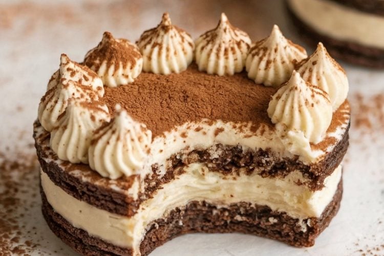 A tiramisu sandwich cookie with elegant cocoa powder dusting on top, showcasing multiple layers of chocolate cookie and mascarpone filling. The text overlay "Tiramisu Sandwich Cookies" enhances the appeal for dessert lovers looking for a refined, Italian-inspired treat.