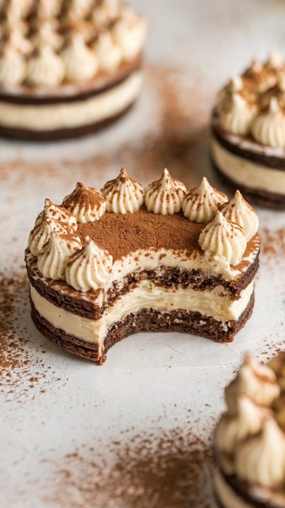 Close-up of a tiramisu-inspired sandwich cookie, featuring layers of rich chocolate and creamy mascarpone filling. The cookie is topped with piped dollops of cream, dusted with cocoa powder, and has a bite taken out, showcasing its soft, indulgent texture. Perfect for coffee-flavored dessert lovers.