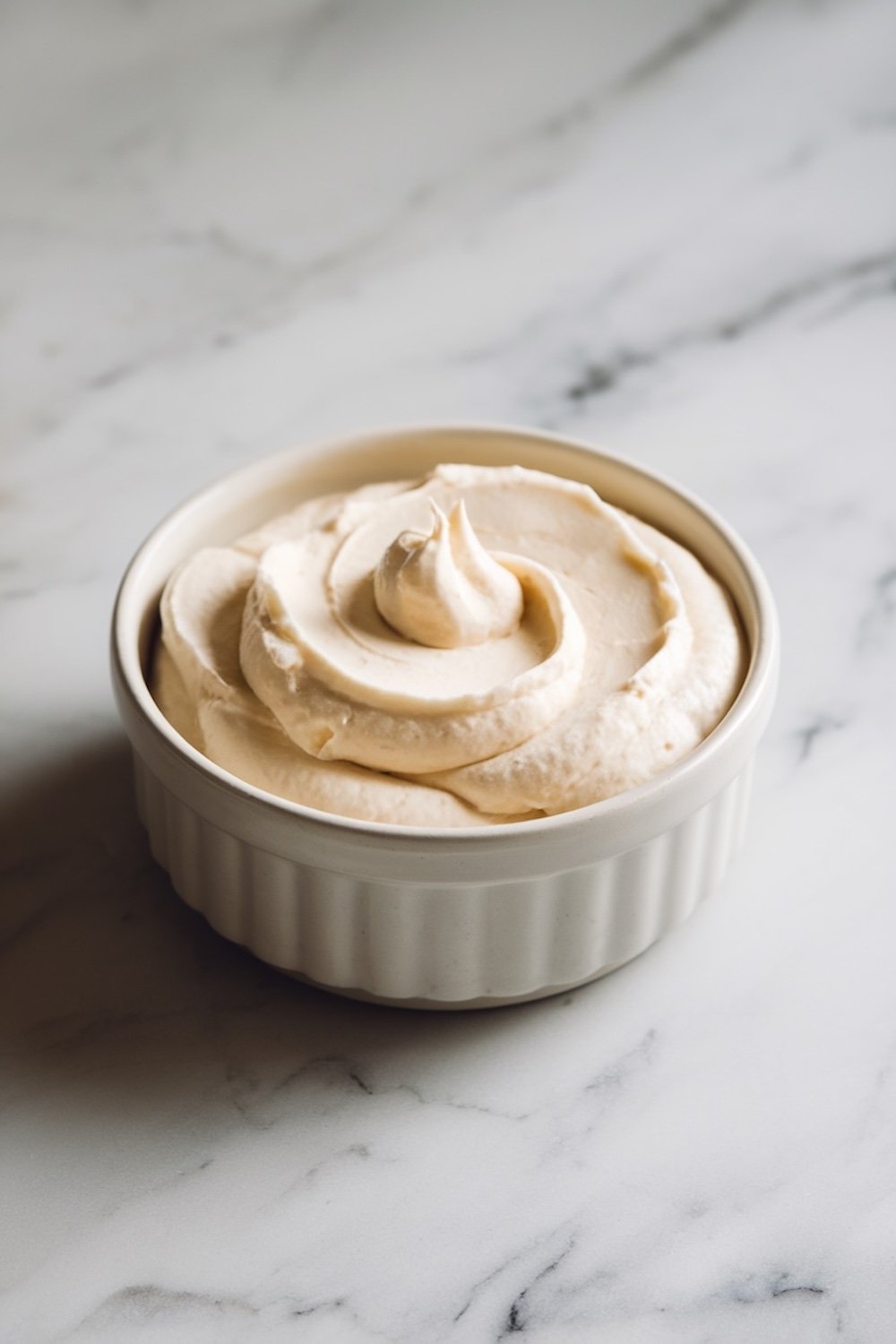 A ramekin filled with creamy mascarpone filling. Swirled to a light, fluffy texture, this filling is essential for the signature tiramisu flavor, bringing a delicate sweetness and smooth consistency to each sandwich cookie.