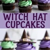 Halloween witch hat cupcakes decorated with swirls of green and purple buttercream frosting, topped with chocolate cone hats and fondant buckles on a dark chocolate cupcake base.