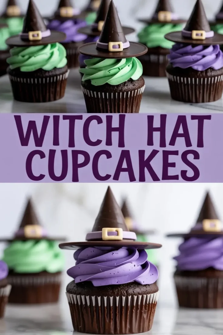 Halloween witch hat cupcakes decorated with swirls of green and purple buttercream frosting, topped with chocolate cone hats and fondant buckles on a dark chocolate cupcake base.