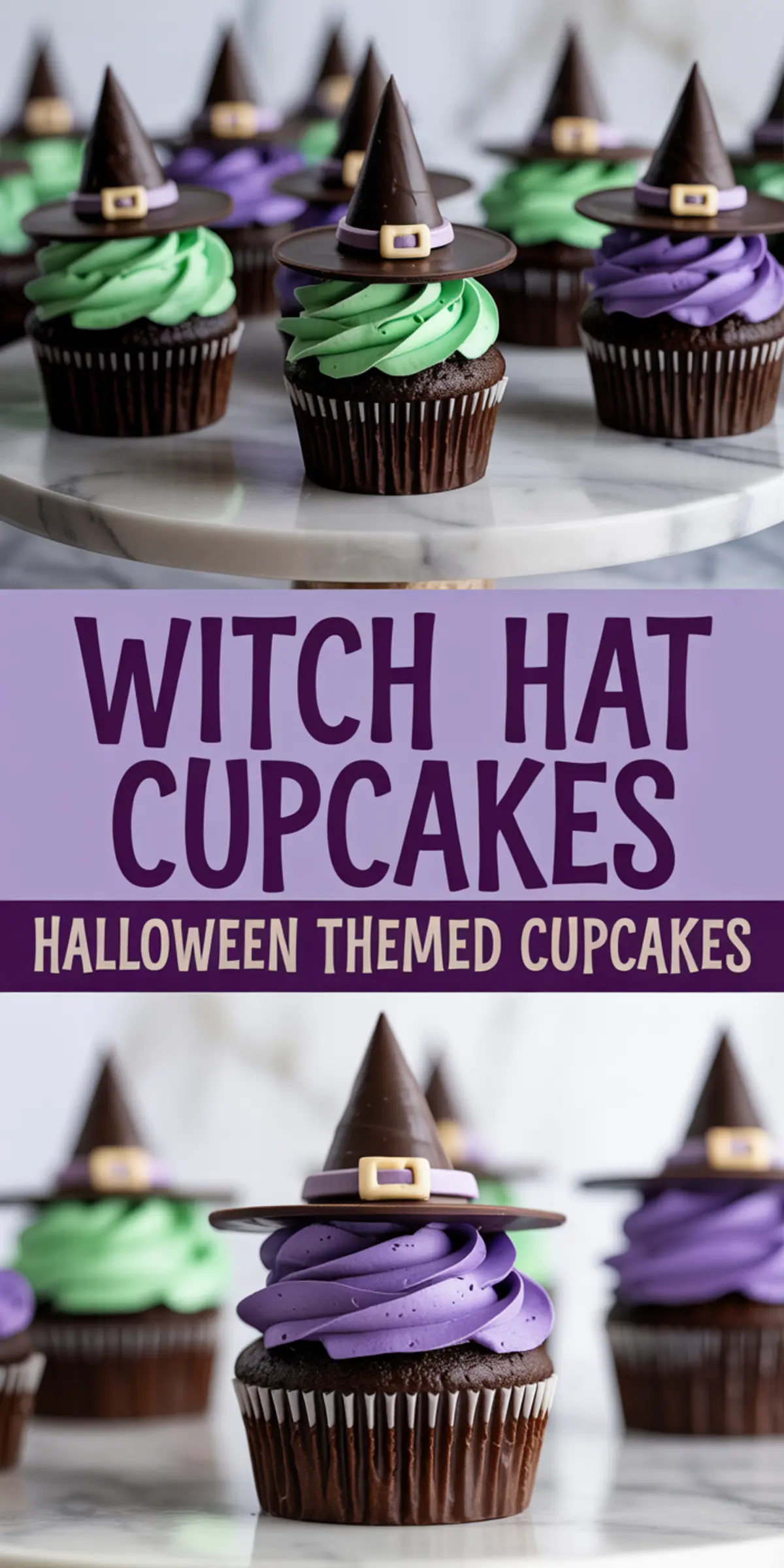 Chocolate cupcakes decorated with swirls of green and purple frosting, each topped with a chocolate witch hat made from a cookie base and a pointed cone, designed with a fondant buckle for a Halloween party dessert.