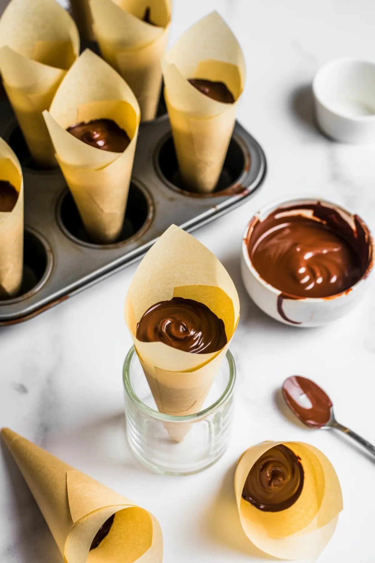 Parchment paper cones filled with melted chocolate, arranged upright in a muffin tin and clear glass cups, with a bowl of melted chocolate and spoon nearby for witch hat cupcake assembly.