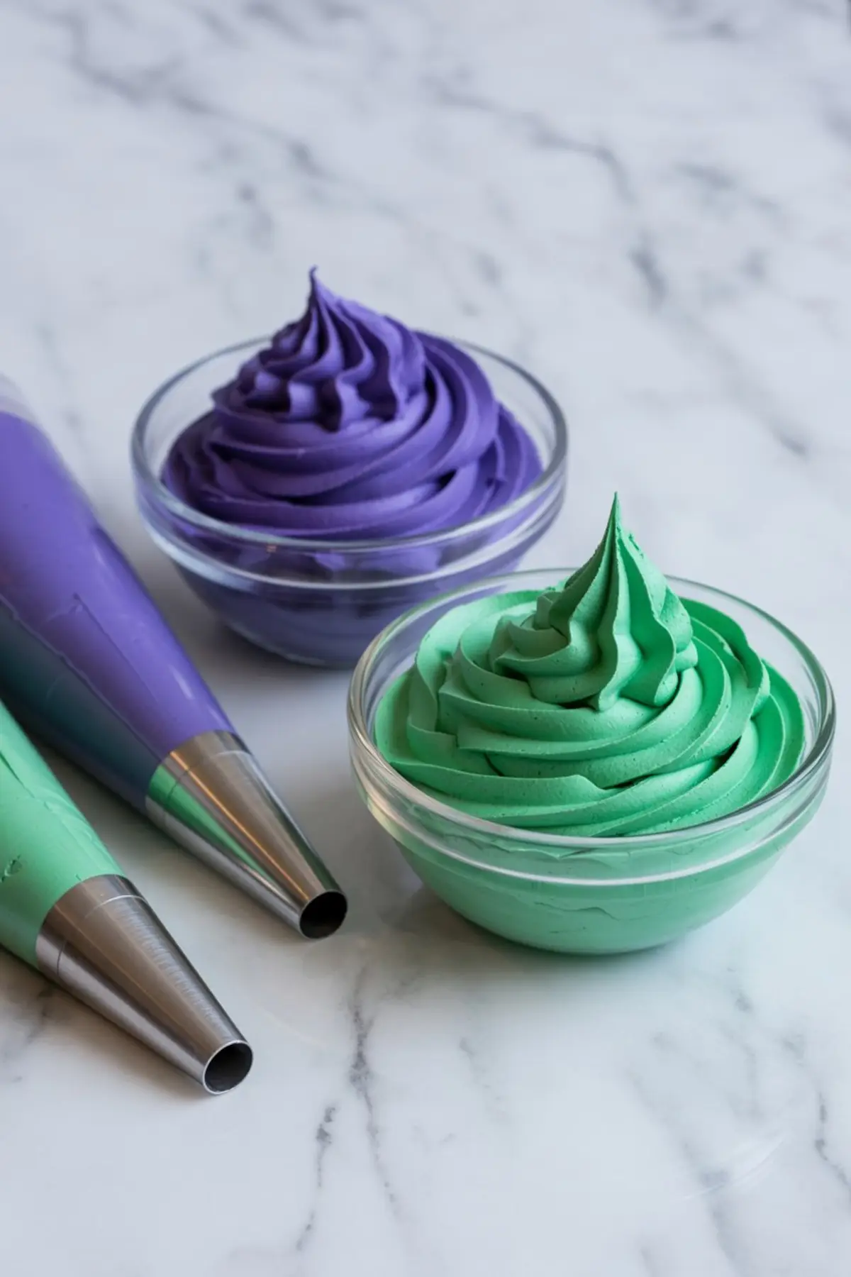 Two glass bowls holding swirls of purple and green buttercream frosting, each beside matching piping bags with metal tips, ready for decorating Halloween cupcakes.