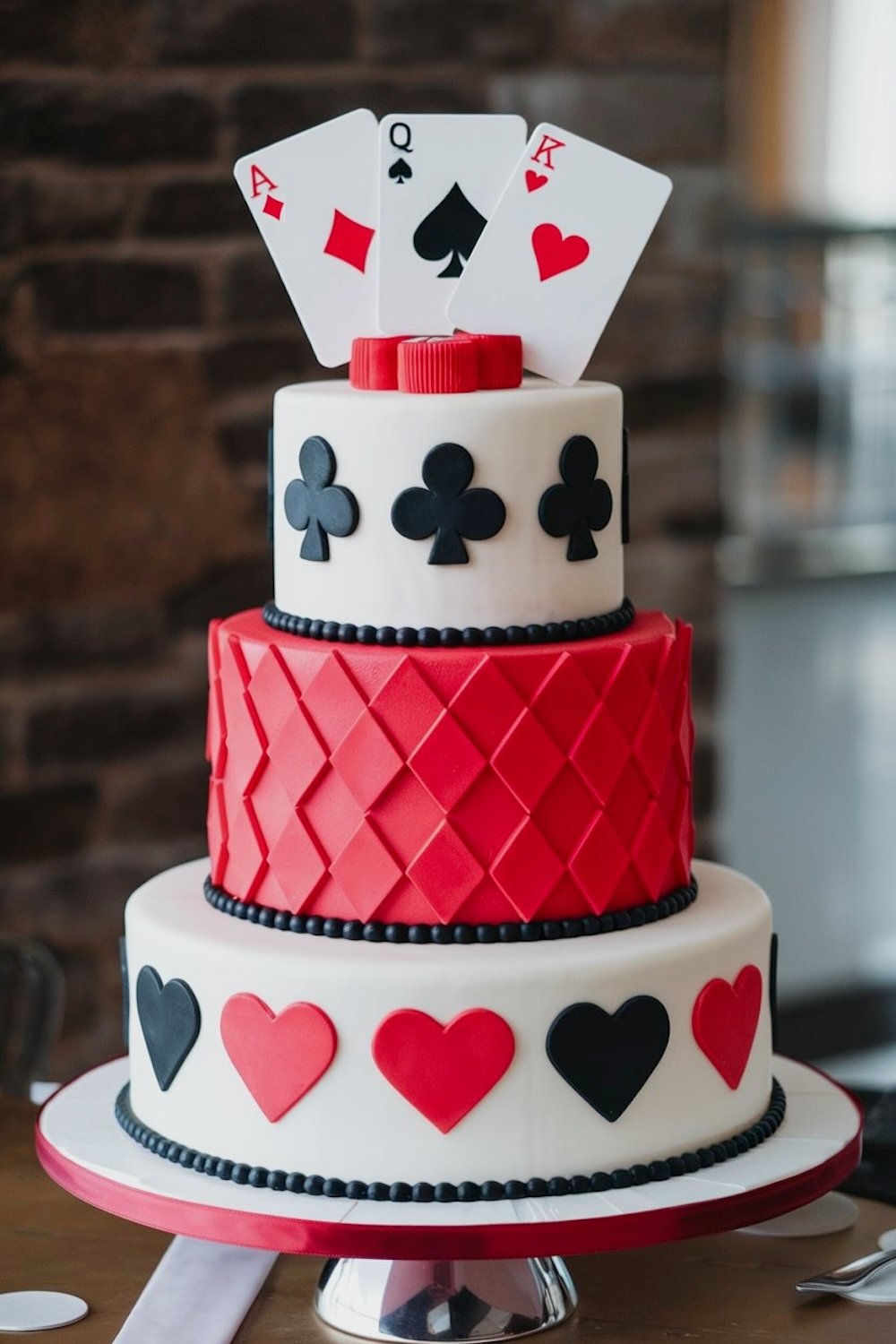 A three-tiered cake with playing card designs and club and spade symbols in a sophisticated monochrome palette.