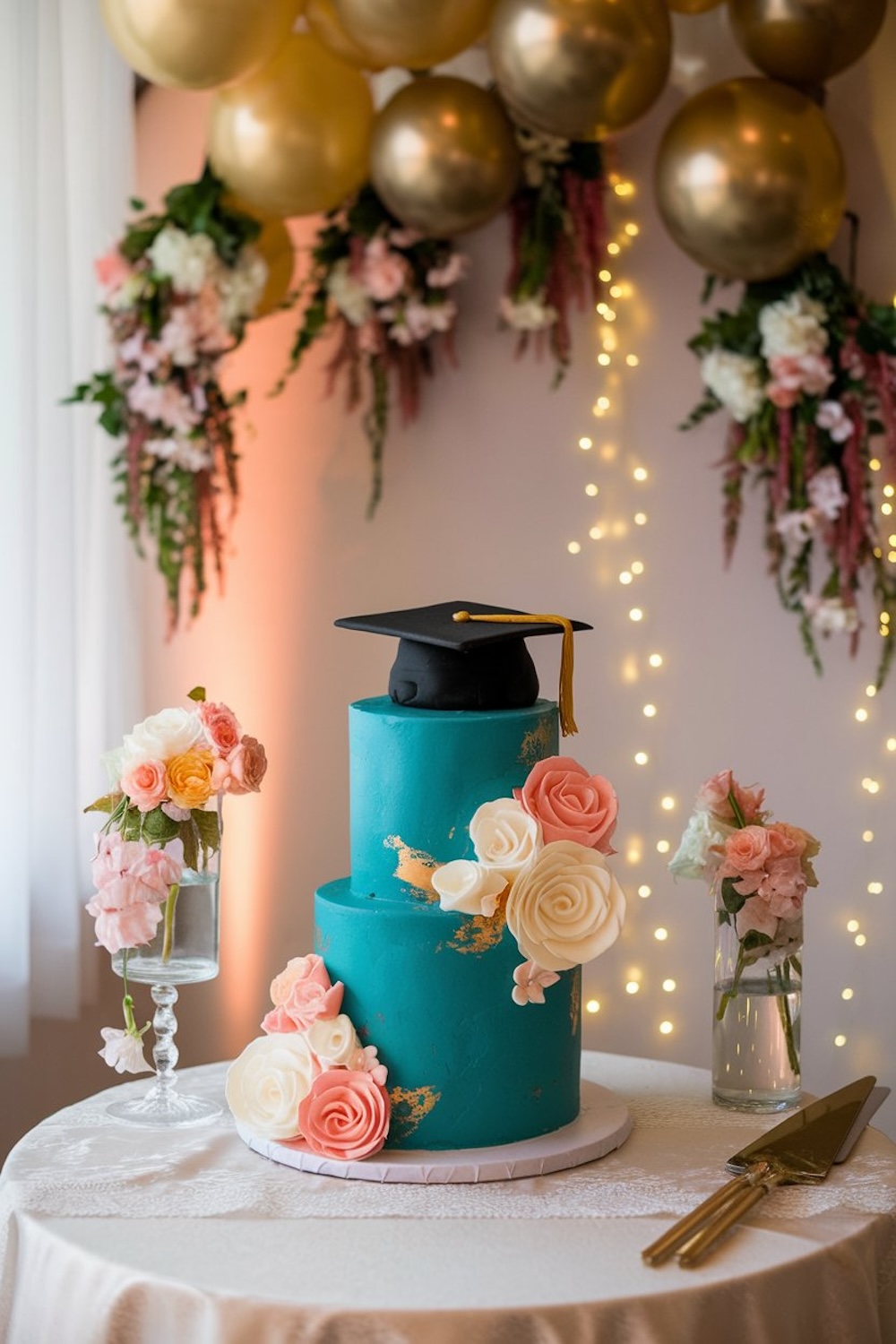 A two-tiered teal cake with soft pastel roses and golden accents, topped with a black graduation cap, perfect for an elegant and sophisticated graduation party.