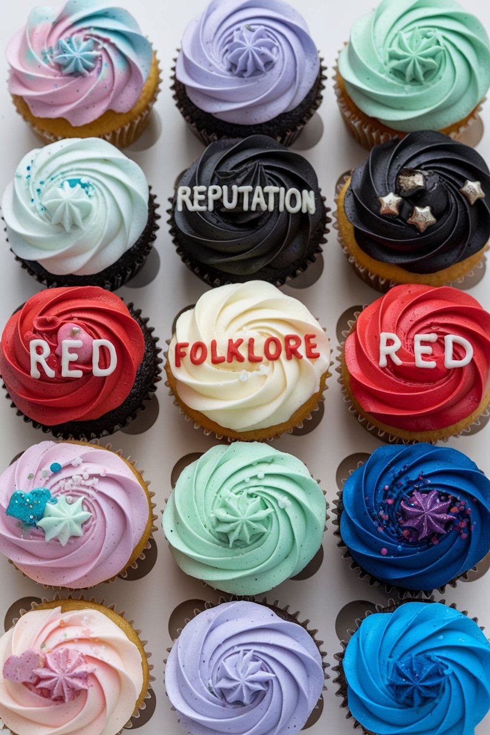 A variety of cupcakes representing different Taylor Swift albums with "Reputation," "Red," and "Folklore" text, alongside colorful swirl frosting.

