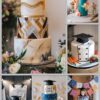 A collage featuring six beautifully decorated graduation cakes. The cakes range from an elegant three-tiered cake with a black cap and gold accents to a culinary-themed cake with fondant vegetables and a chef’s uniform design. Other cakes include a teal and floral design with pastel roses, a sleek architect-themed cake with rulers and blueprints, and festive Class of 2023 cakes adorned with colorful sprinkles and stars. One cake features a cute graduate topper with a vibrant floral pattern, adding a whimsical touch.