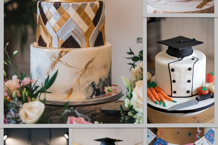 A collage featuring six beautifully decorated graduation cakes. The cakes range from an elegant three-tiered cake with a black cap and gold accents to a culinary-themed cake with fondant vegetables and a chef’s uniform design. Other cakes include a teal and floral design with pastel roses, a sleek architect-themed cake with rulers and blueprints, and festive Class of 2023 cakes adorned with colorful sprinkles and stars. One cake features a cute graduate topper with a vibrant floral pattern, adding a whimsical touch.