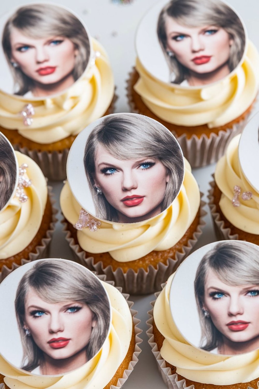 Cupcakes with soft pastel pink, blue, and lavender frosting, each featuring a fondant portrait of Taylor Swift's face, detailed with silver edible decorations and a smooth swirl of frosting underneath.