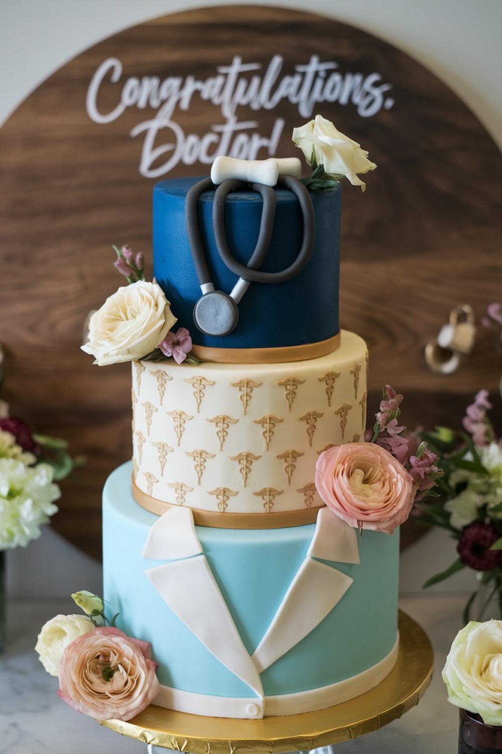 A three-tiered cake with a stethoscope topper, medical symbols, and a fondant lab coat design, perfect for celebrating a medical graduate’s accomplishment.

