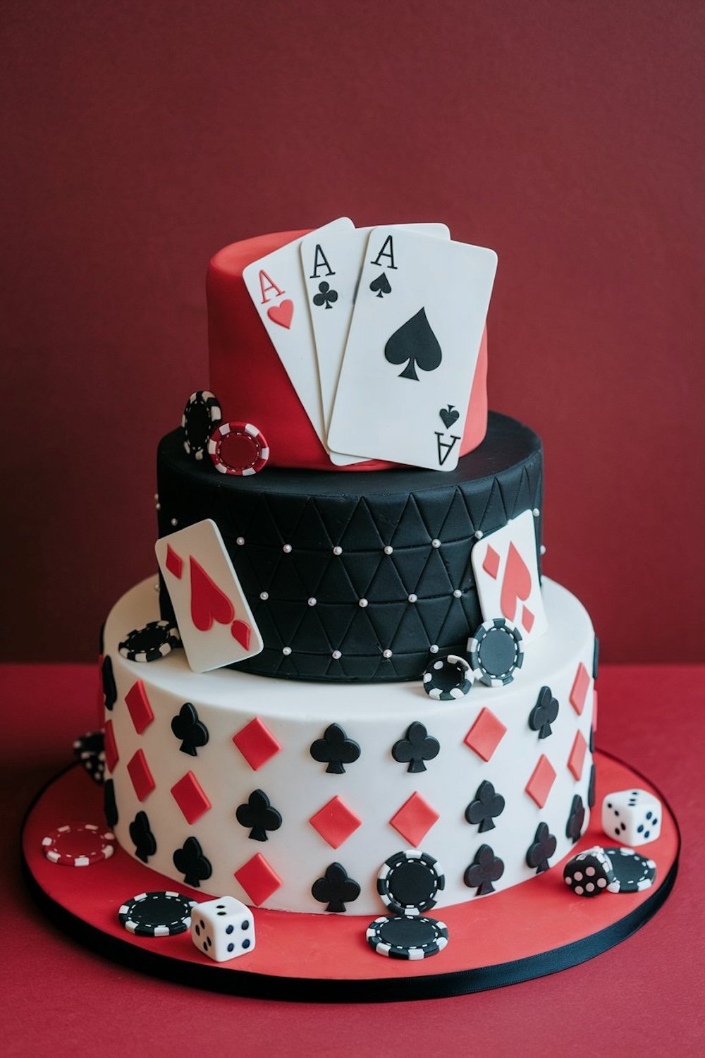 A white and black tiered cake featuring a deck of cards spread across the top, ideal for blackjack lovers.